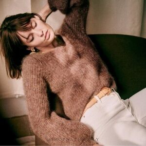 Sézane Lucy Ballon Sleeve Kid Mohair Knit Sweater | Sz Small | Light Brown